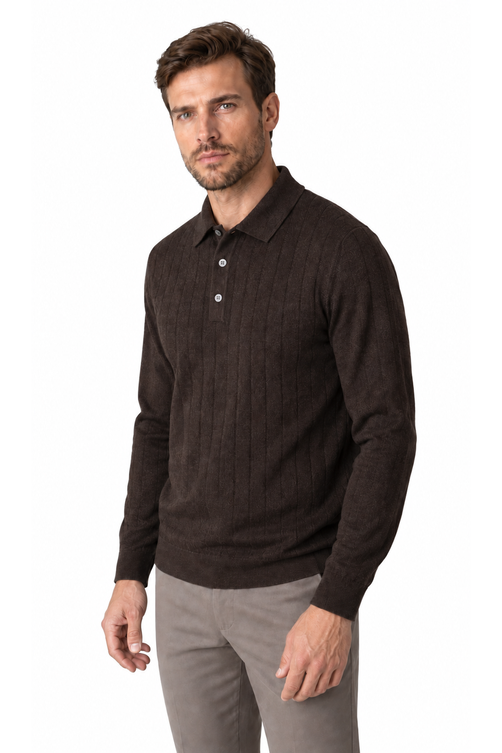 Men's Polo Sweater Chenille Texture Retro Style, Brown, three-quarter model view
