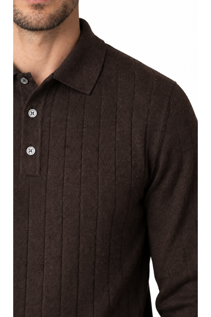 Men's Polo Sweater Chenille Texture Retro Style, Brown, close-up of original fabric and garment details