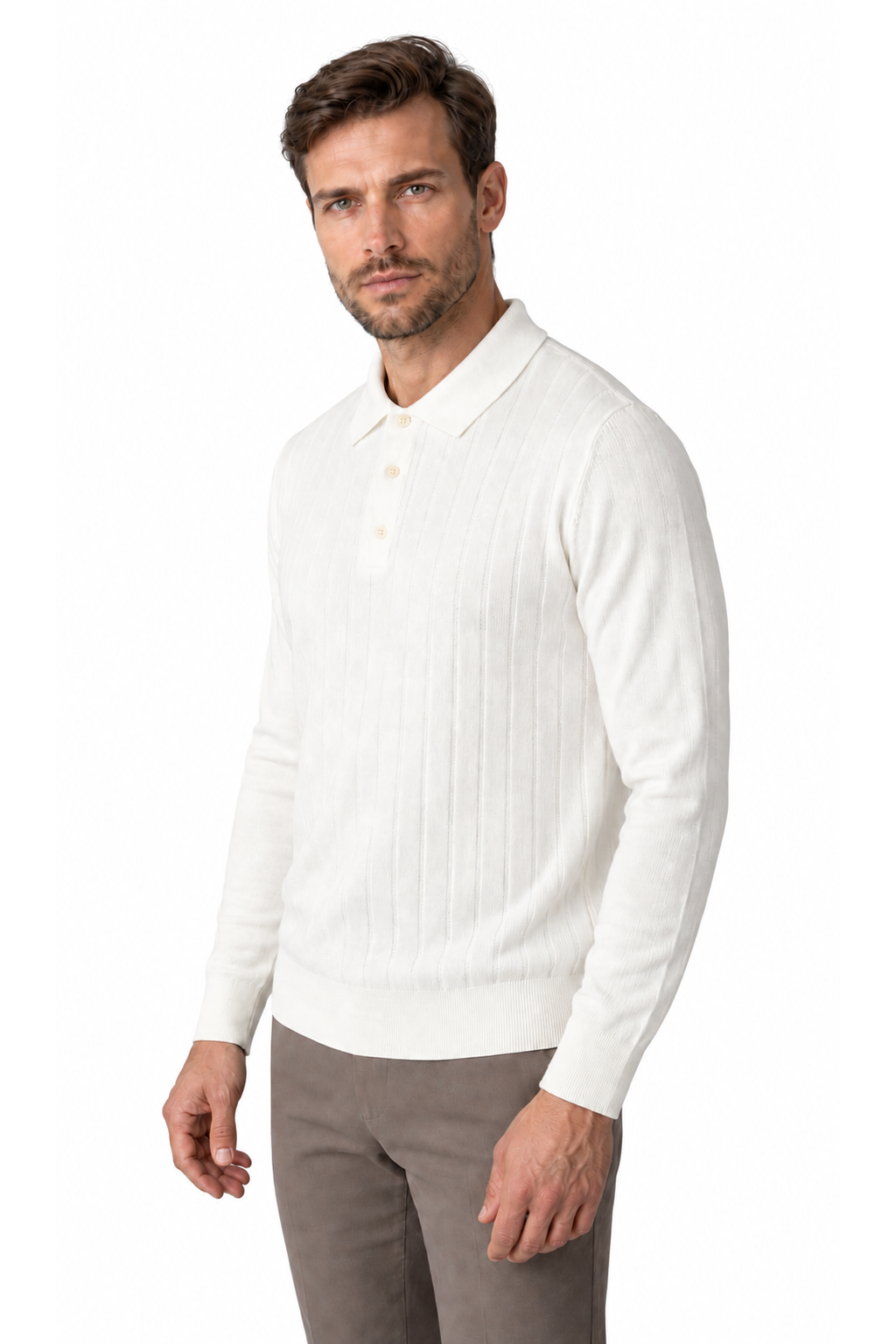 Men's Polo Sweater Chenille Texture Retro Style, White, three-quarter model view