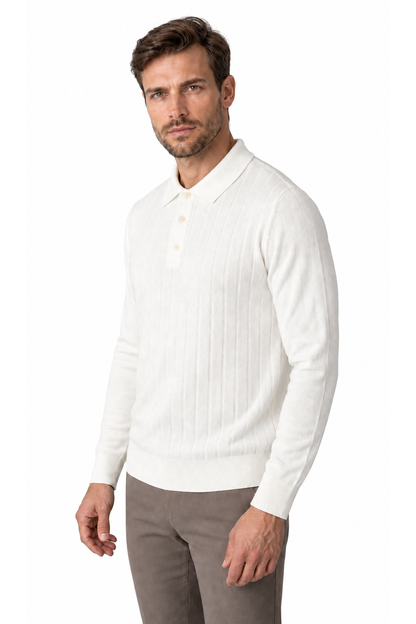 Men's Polo Sweater Chenille Texture Retro Style, White, three-quarter model view