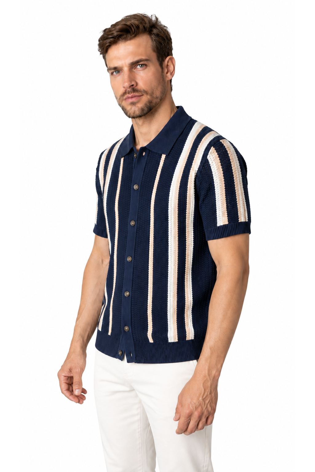 Men's Button Polo Striped Knit Short Sleeves, Blue, three-quarter model view