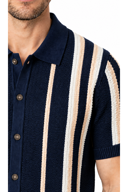 Men's Button Polo Striped Knit Short Sleeves, Blue, close-up of original fabric and garment details