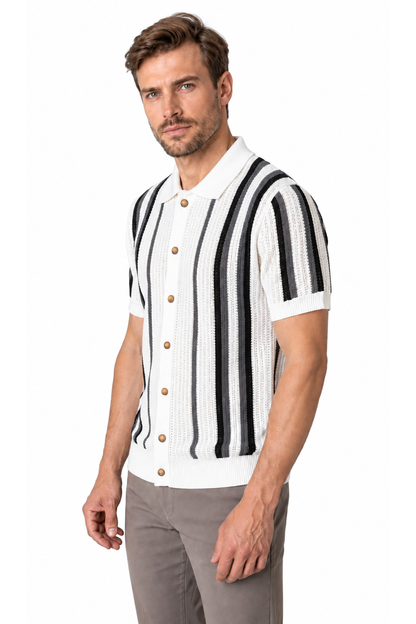 Men's Button Polo Striped Knit Short Sleeves, White, three-quarter model view
