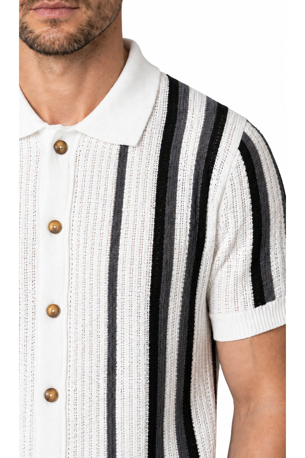 Men's Button Polo Striped Knit Short Sleeves, White, close-up of original fabric and garment details