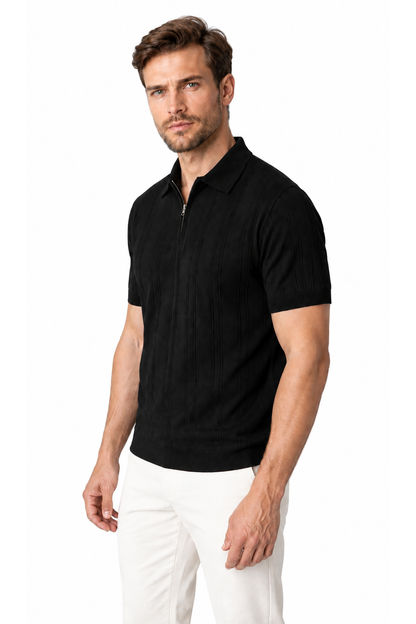 Black ribbed knit zip-neck polo, Ventorino store model, three-quarter view