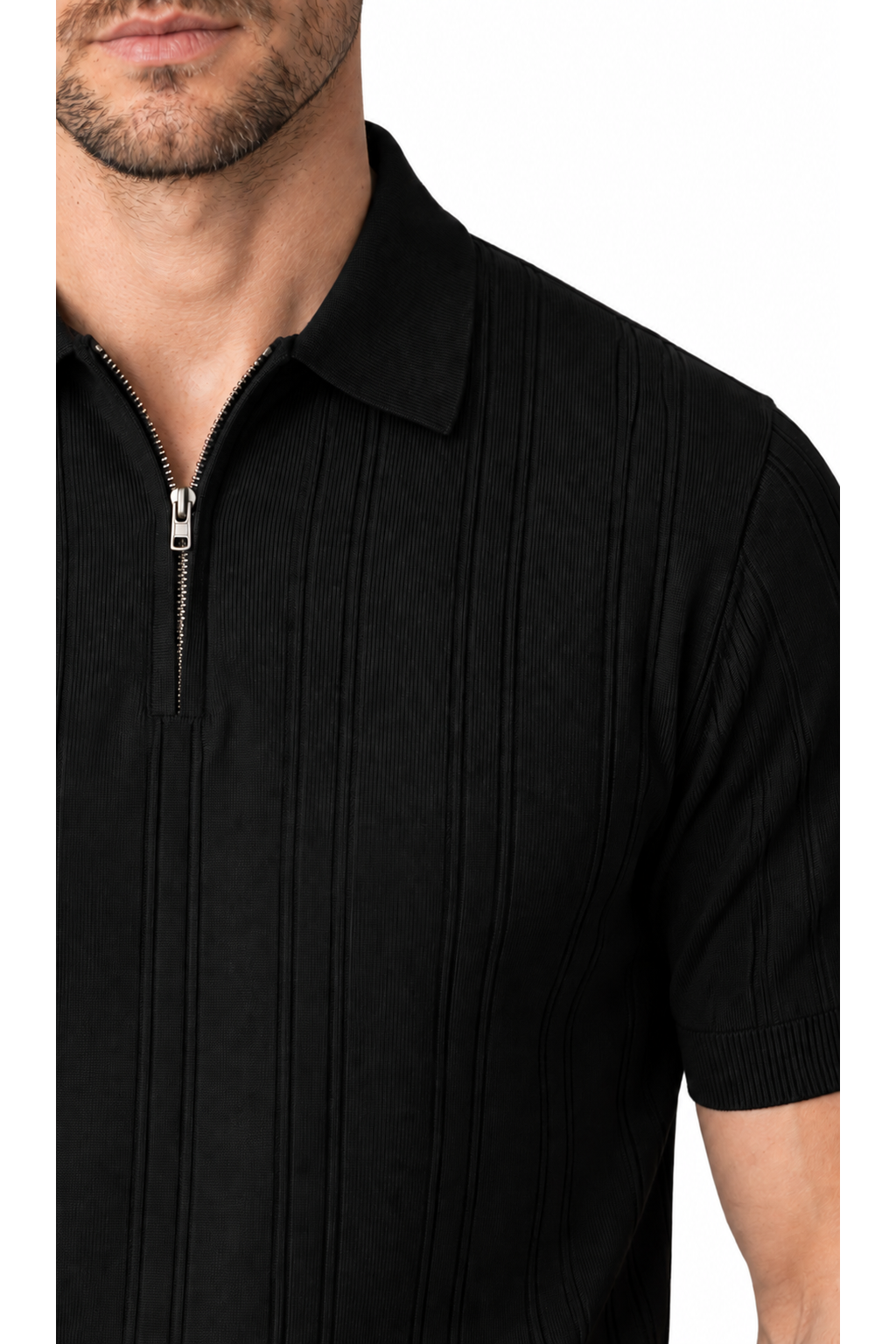 Black ribbed knit zip-neck polo, close-up of collar and fabric