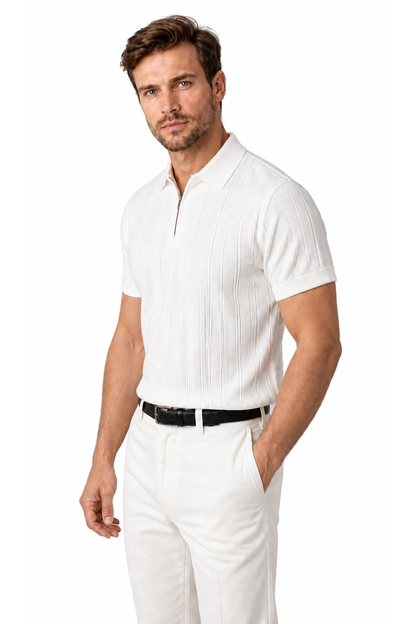 White ribbed knit zip-neck polo, Ventorino store model, three-quarter view