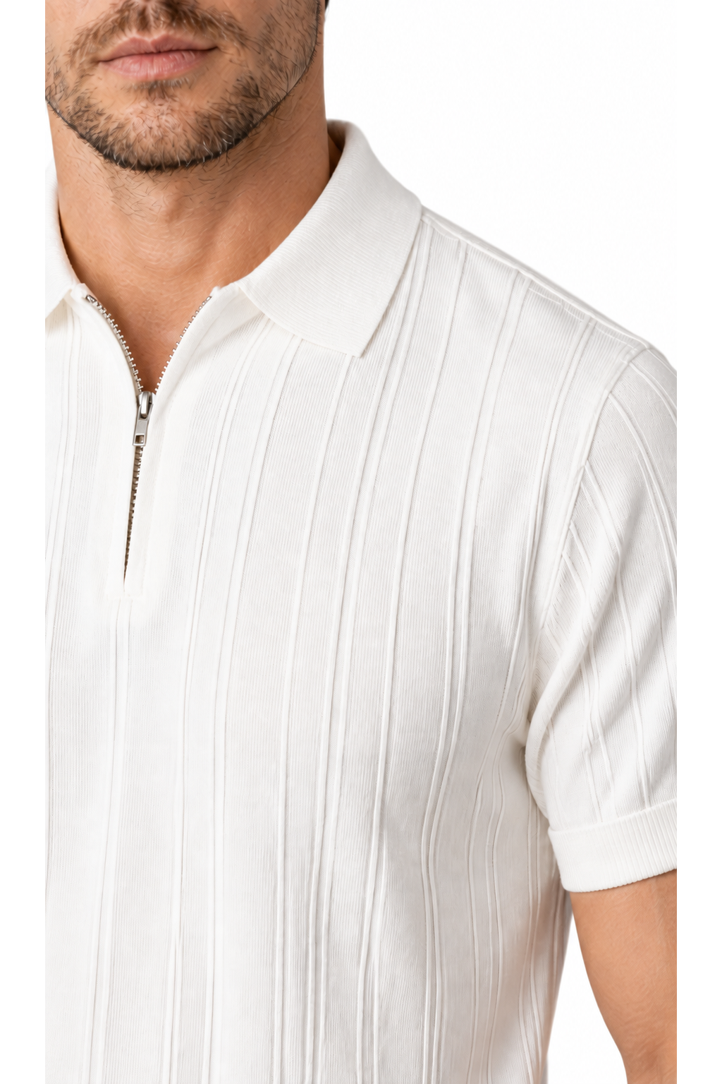 White ribbed knit zip-neck polo, close-up of collar and fabric