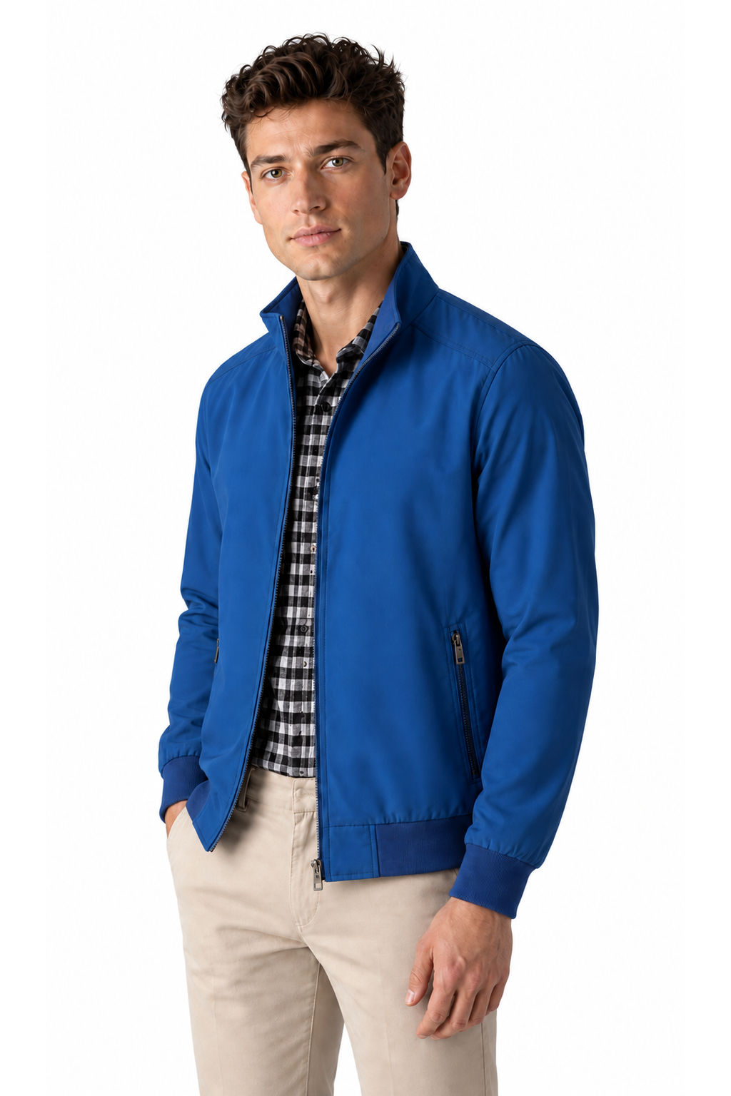 Ventorino blue lightweight jacket on original store model, three-quarter view