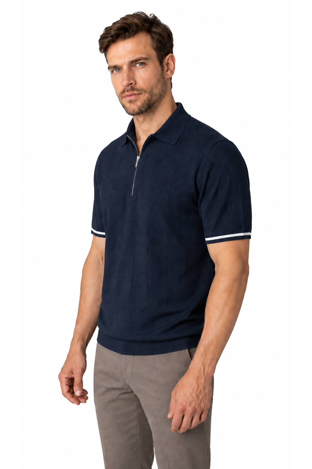 Harvey zip-neck polo, dark blue, three-quarter model view
