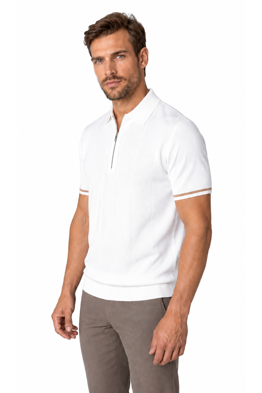 Harvey zip-neck polo, white, three-quarter model view