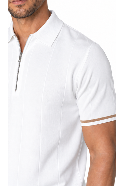 Harvey zip-neck polo, white, close-up of fabric and collar