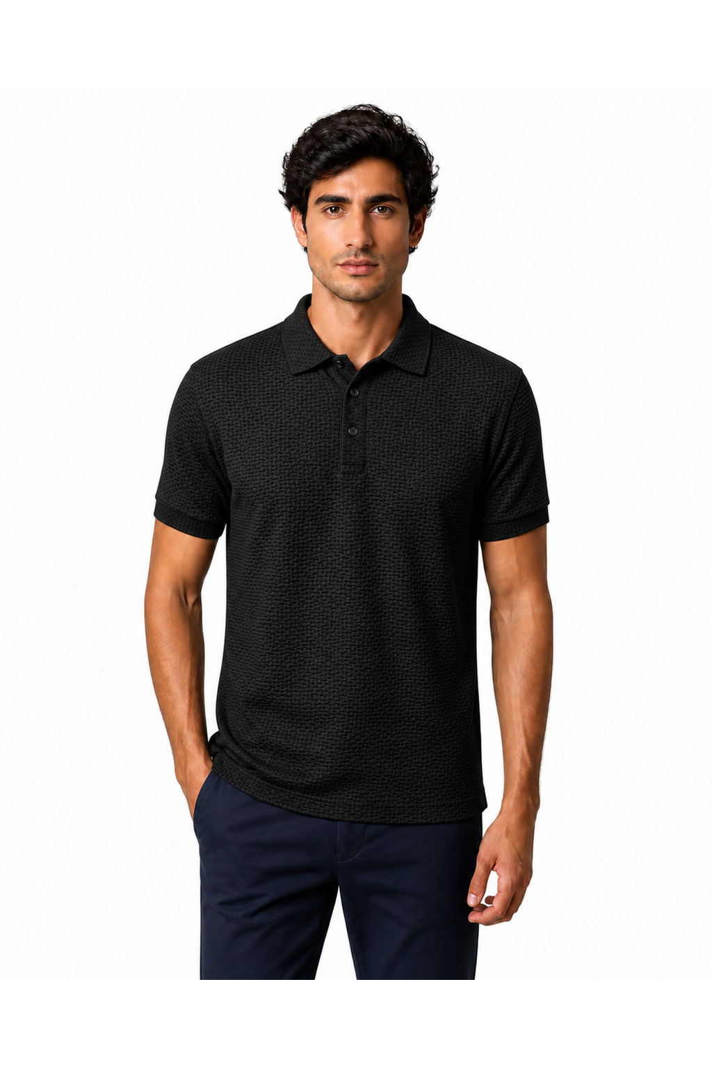 Men's ice-silk polo in black with basket-weave texture