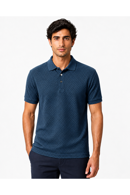 Men's ice-silk polo in blue with basket-weave texture