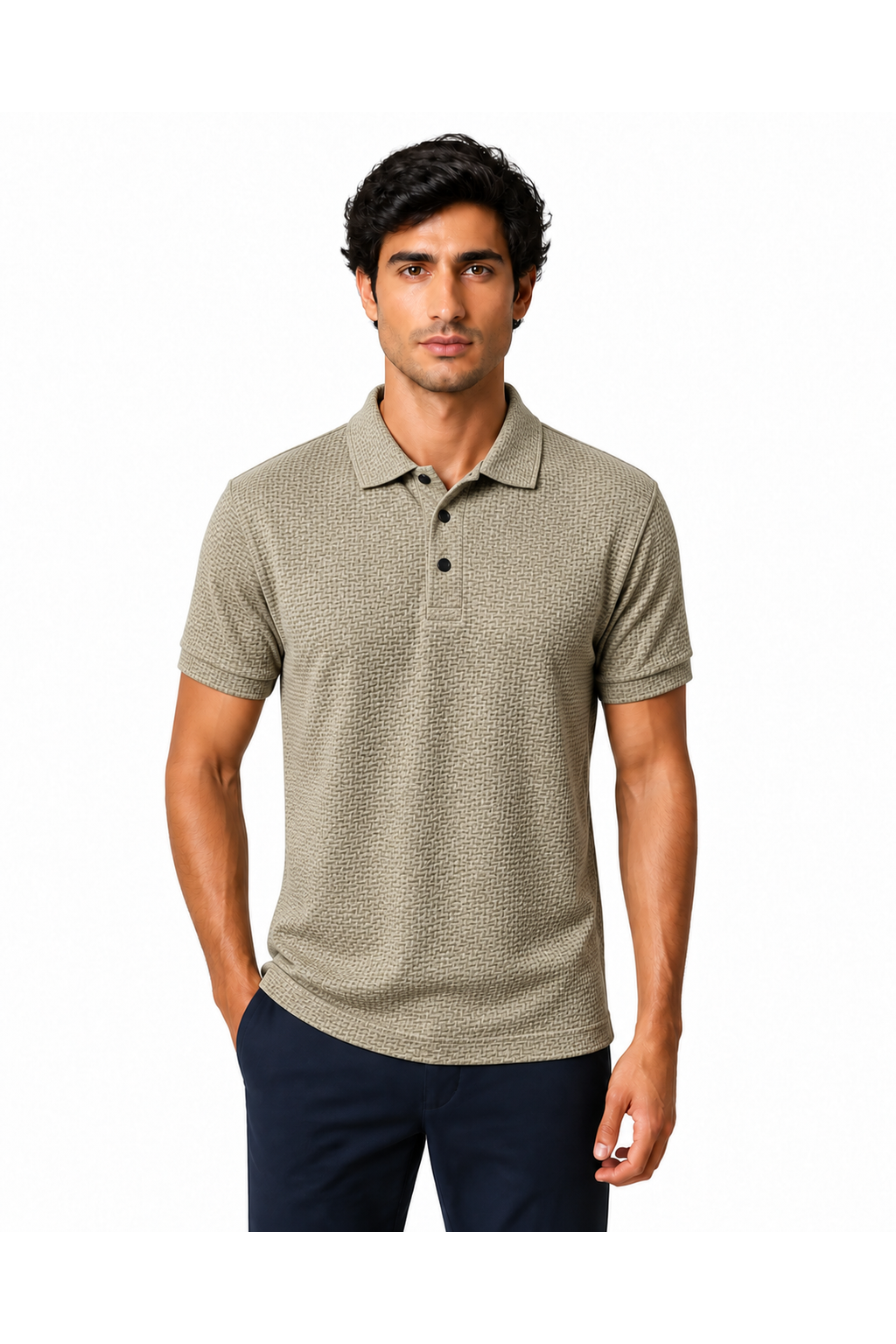 Men's ice-silk polo in khaki with basket-weave texture