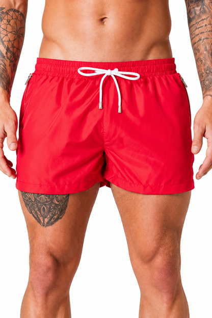 Men's Swim Shorts Quick-Dry Fabric Flexible Waist, Rose Red, fabric close-up