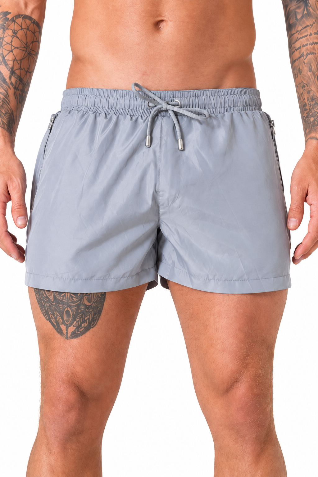 Men's Swim Shorts Quick-Dry Fabric Flexible Waist, Grey, fabric close-up