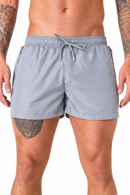 Men's Swim Shorts Quick-Dry Fabric Flexible Waist, Grey, fabric close-up