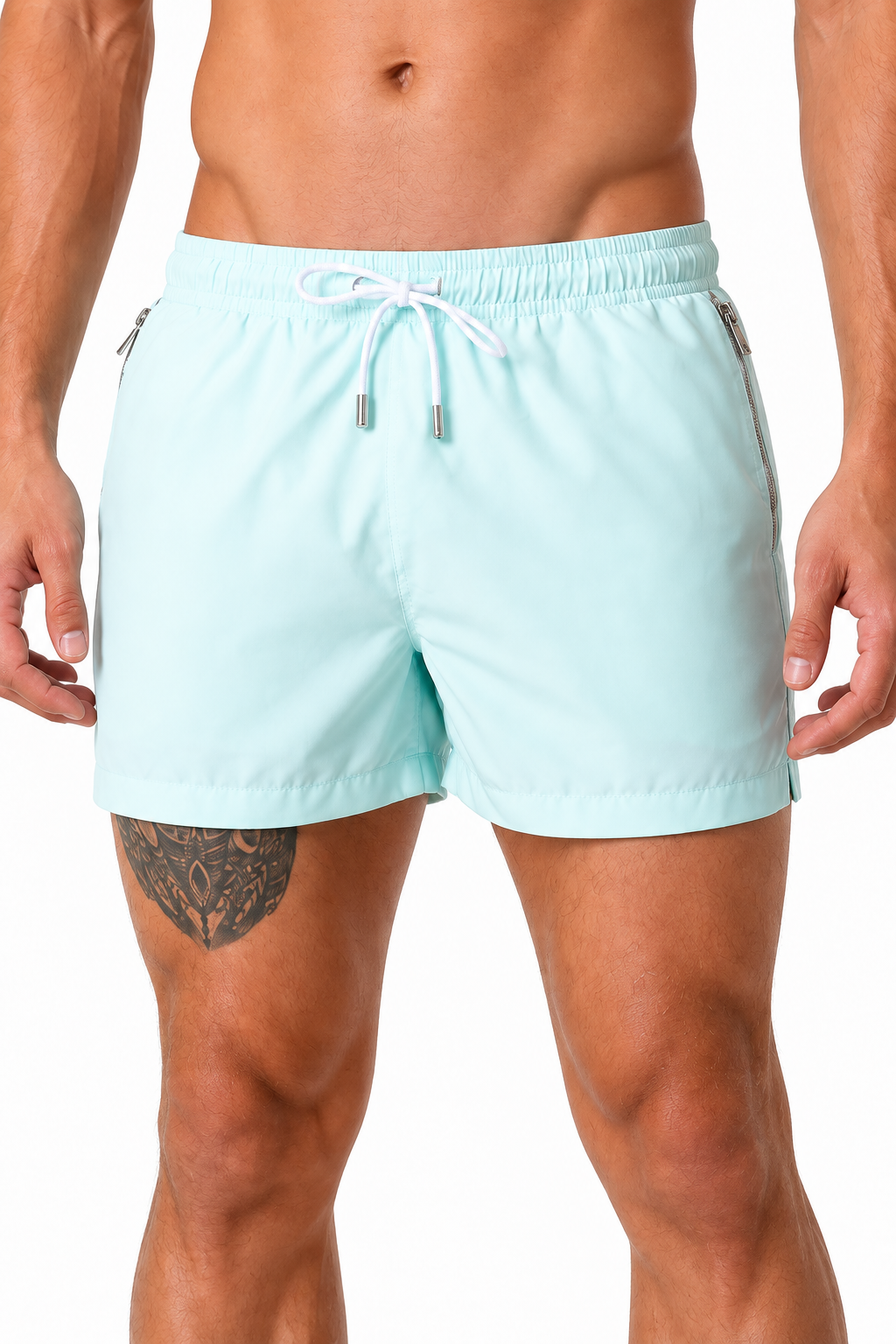 Men's Swim Shorts Quick-Dry Fabric Flexible Waist, Light Blue, fabric close-up
