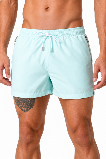 Men's Swim Shorts Quick-Dry Fabric Flexible Waist, Light Blue, fabric close-up