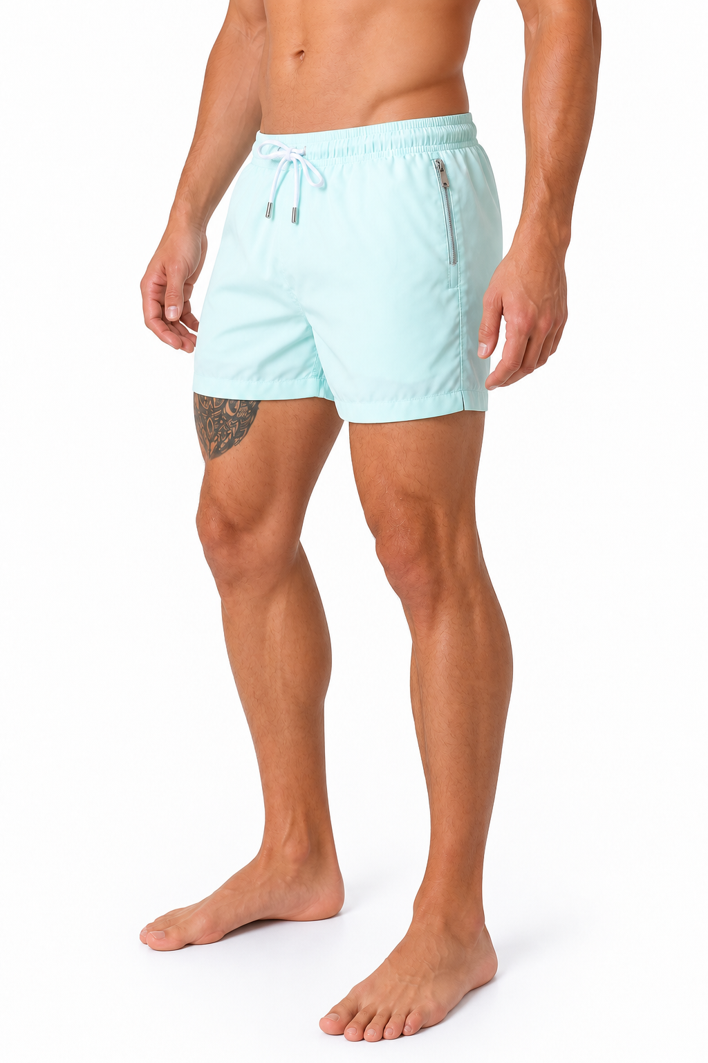Men's Swim Shorts Quick-Dry Fabric Flexible Waist, Light Blue, side view