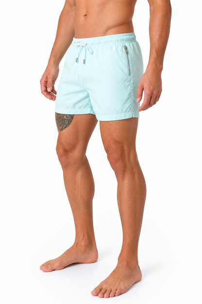 Men's Swim Shorts Quick-Dry Fabric Flexible Waist, Light Blue, side view