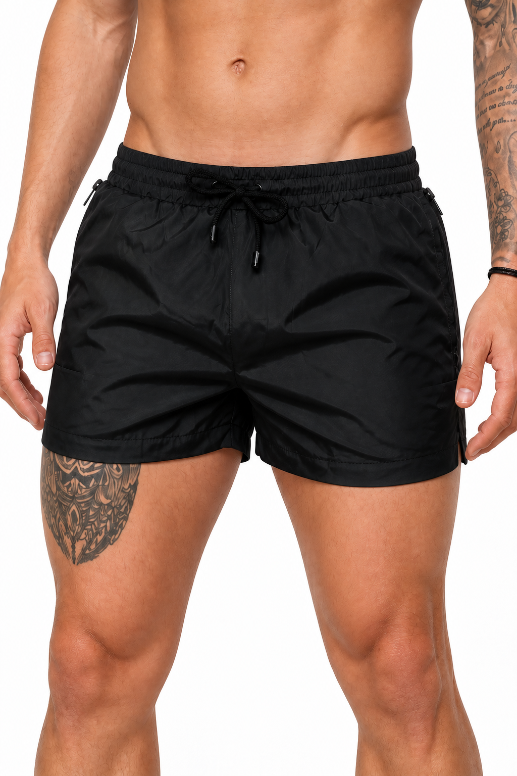 Men's Swim Shorts Quick-Dry Fabric Flexible Waist, Black, fabric close-up