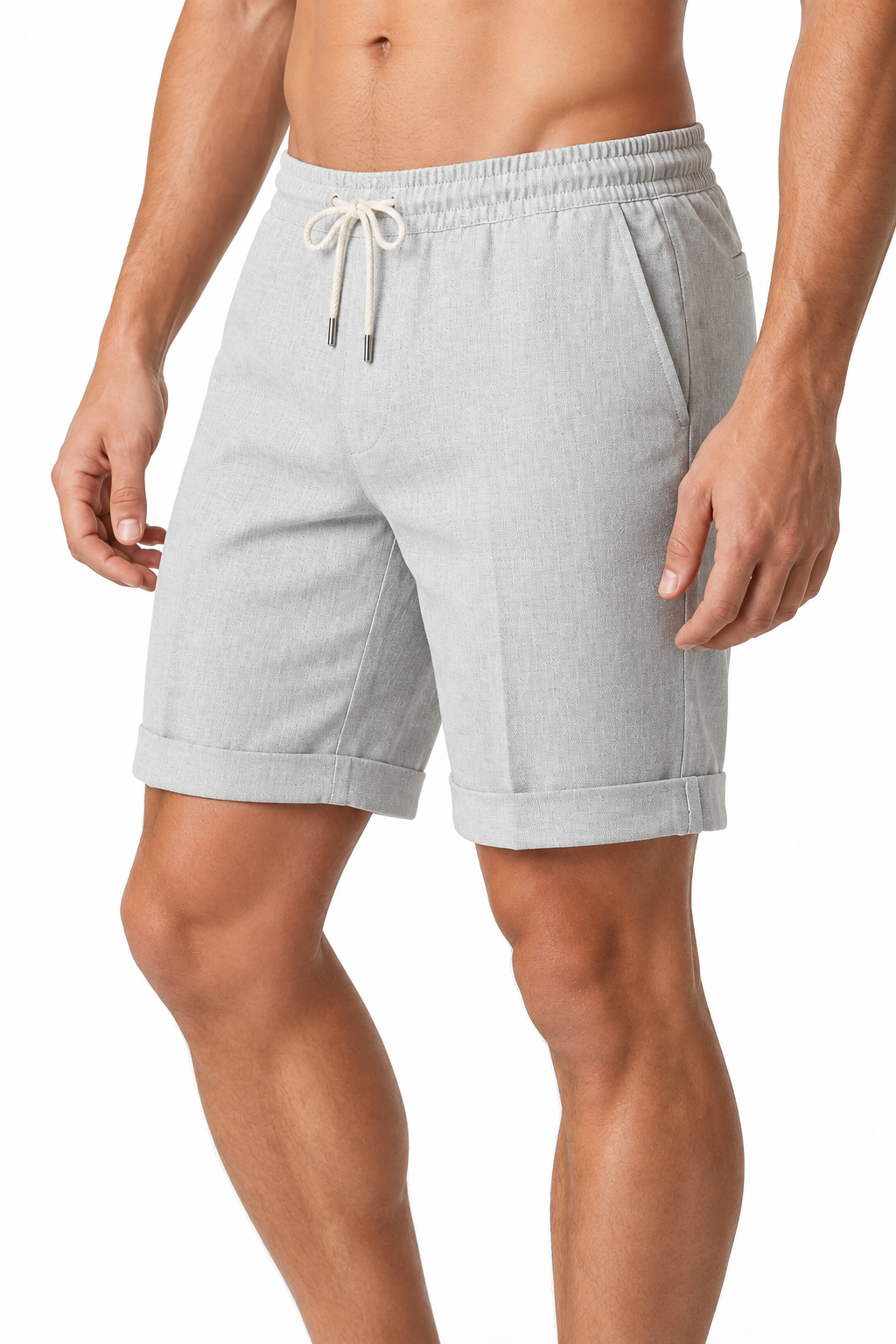 Men's Shorts Breathable Linen Drawstring Waist, Light Gray, side view