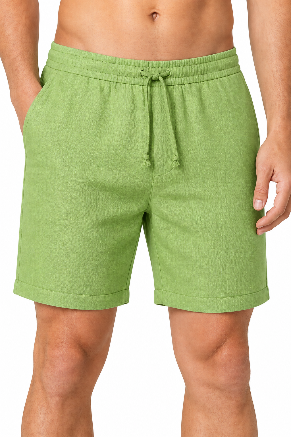 Men's Shorts Breathable Linen Drawstring Waist, Light Green, fabric close-up