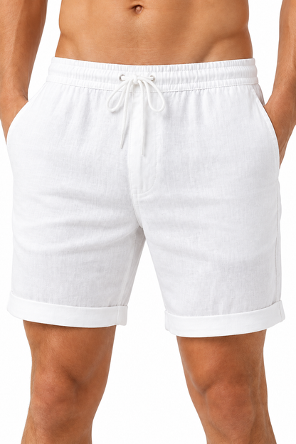 Men's Shorts Breathable Linen Drawstring Waist, White, fabric close-up