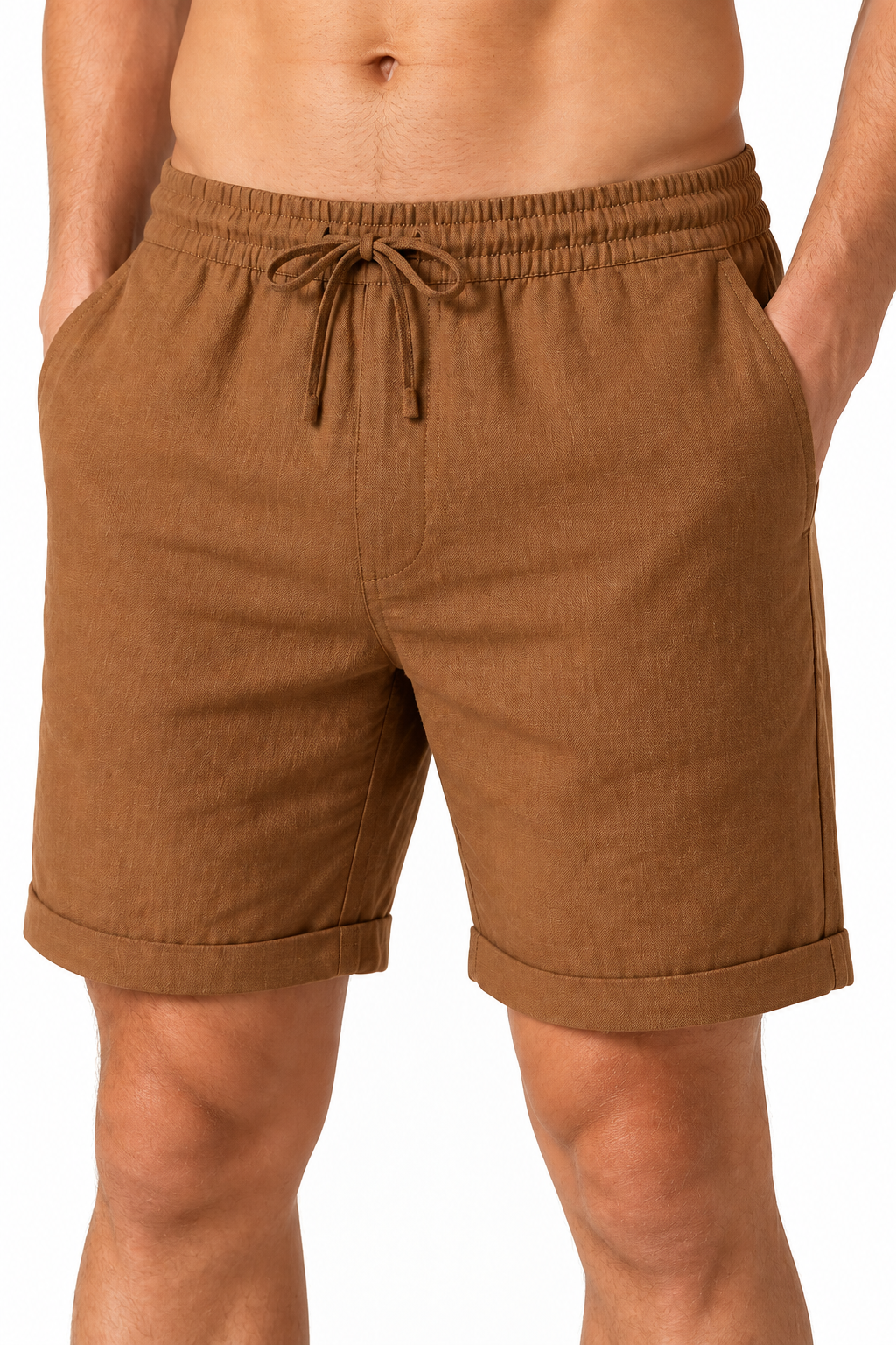 Men's Shorts Breathable Linen Drawstring Waist, coffee, fabric close-up