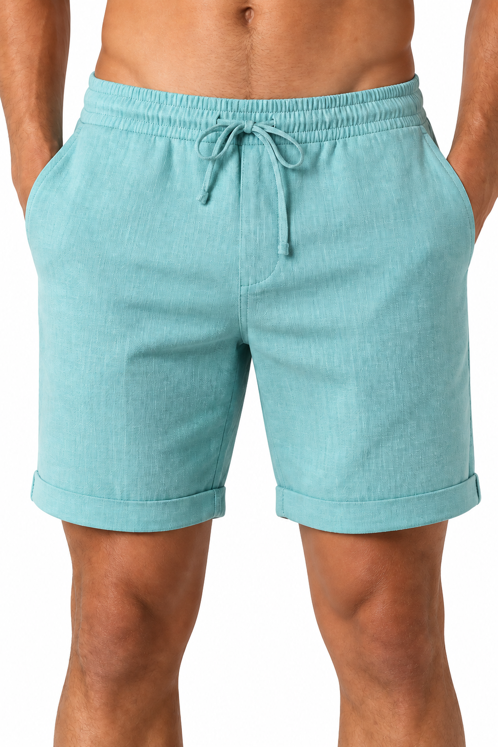Men's Shorts Breathable Linen Drawstring Waist, Blue, fabric close-up