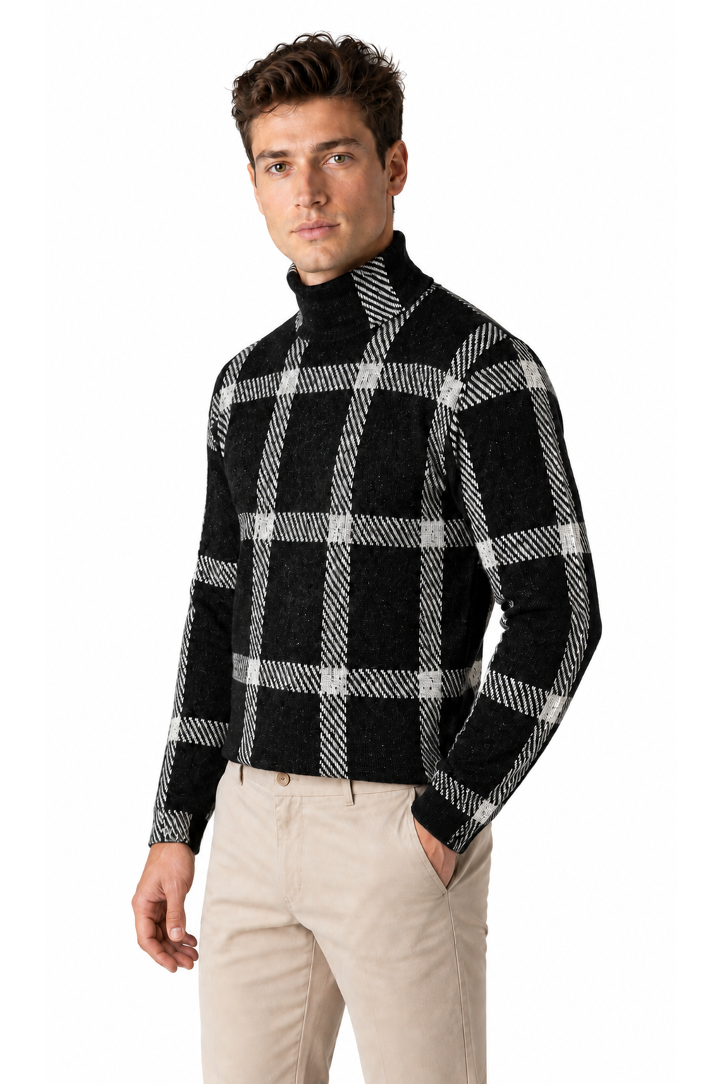 Men's black checkered turtleneck sweater on Ventorino model, three-quarter view