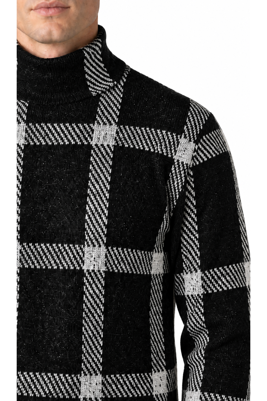 Close-up of black checkered turtleneck knit texture and collar