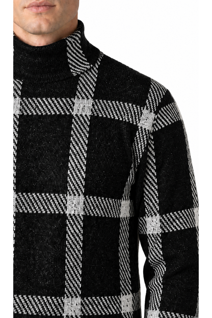 Close-up of black checkered turtleneck knit texture and collar