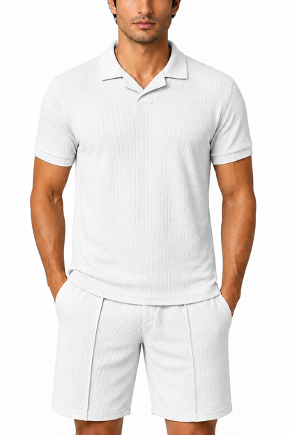 Men's Polo Shorts Set Waffle Knit Coordinated Fit, White, fabric close-up