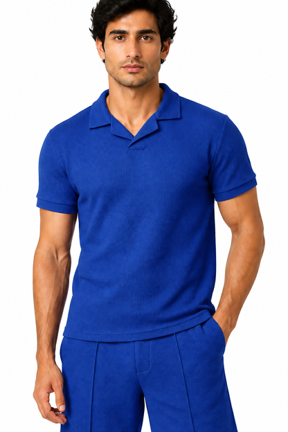 Men's Polo Shorts Set Waffle Knit Coordinated Fit, Sapphire Blue, fabric close-up