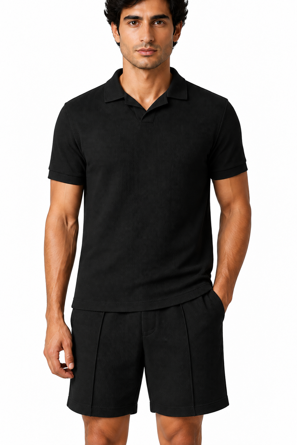 Men's Polo Shorts Set Waffle Knit Coordinated Fit, Black, fabric close-up