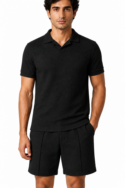 Men's Polo Shorts Set Waffle Knit Coordinated Fit, Black, fabric close-up