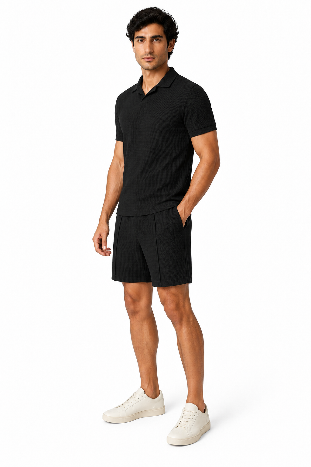 Men's Polo Shorts Set Waffle Knit Coordinated Fit, Black, side view