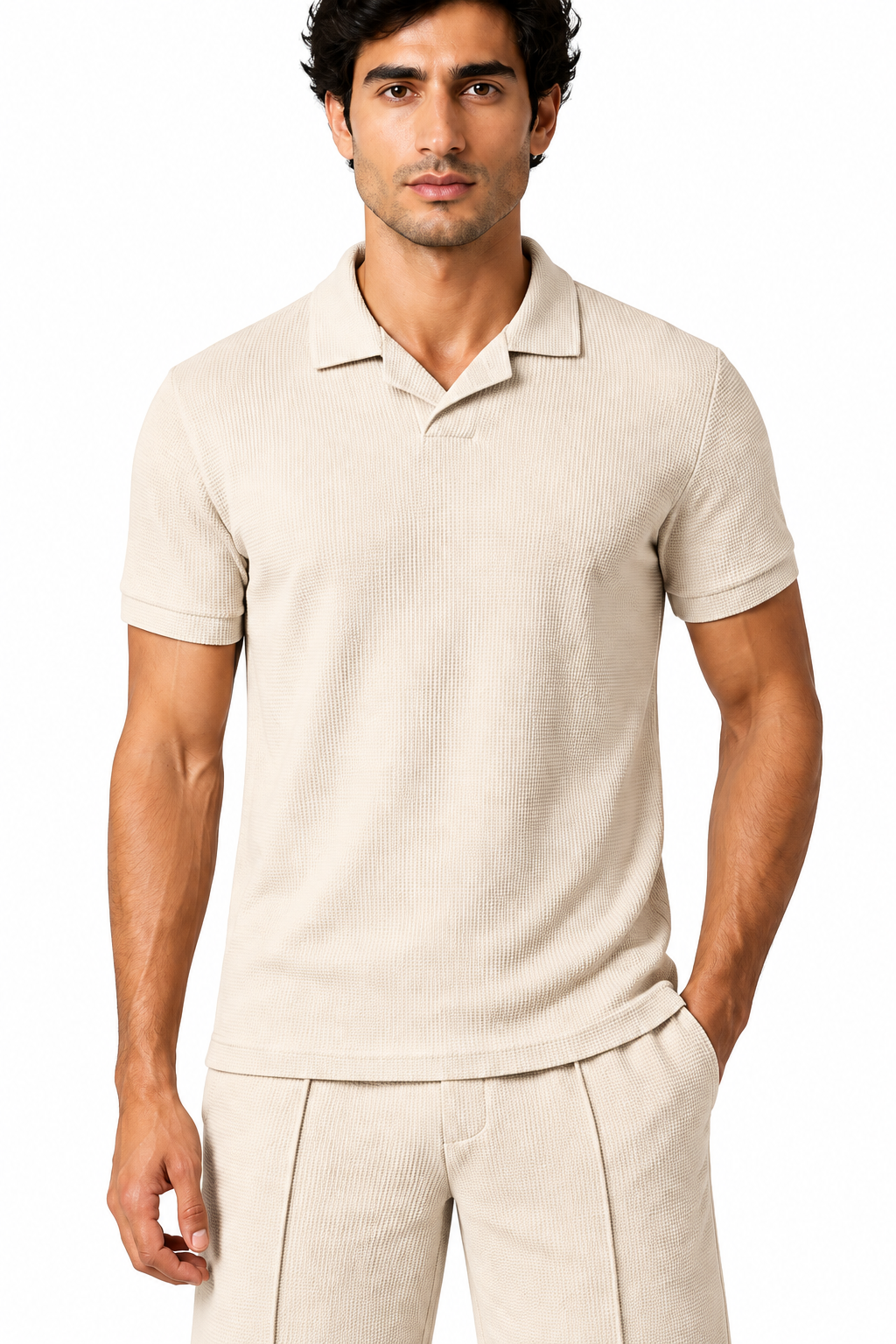 Men's Polo Shorts Set Waffle Knit Coordinated Fit, Khaki, fabric close-up