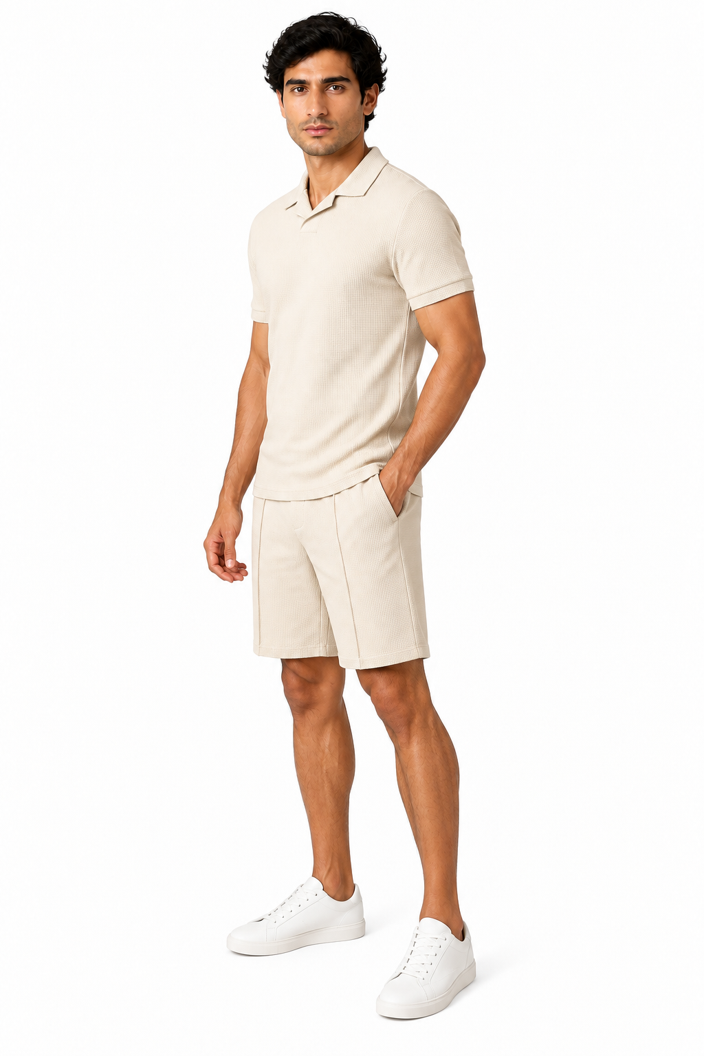 Men's Polo Shorts Set Waffle Knit Coordinated Fit, Khaki, side view
