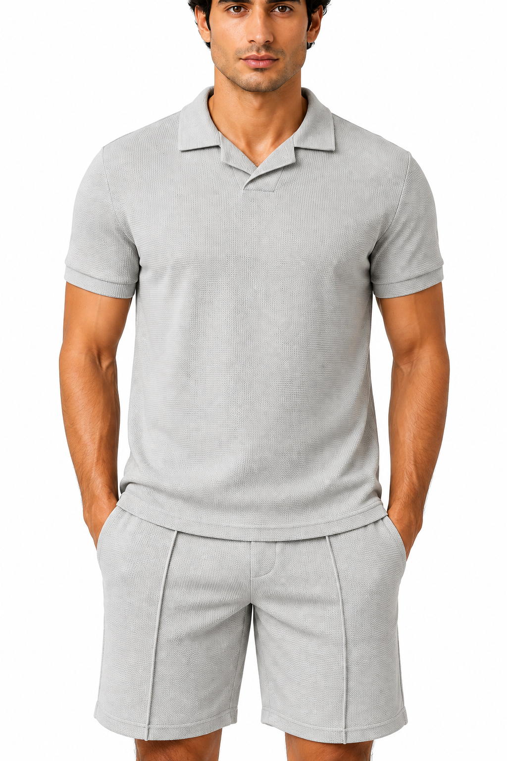 Men's Polo Shorts Set Waffle Knit Coordinated Fit, Light Gray, fabric close-up