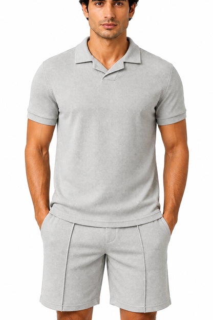 Men's Polo Shorts Set Waffle Knit Coordinated Fit, Light Gray, fabric close-up