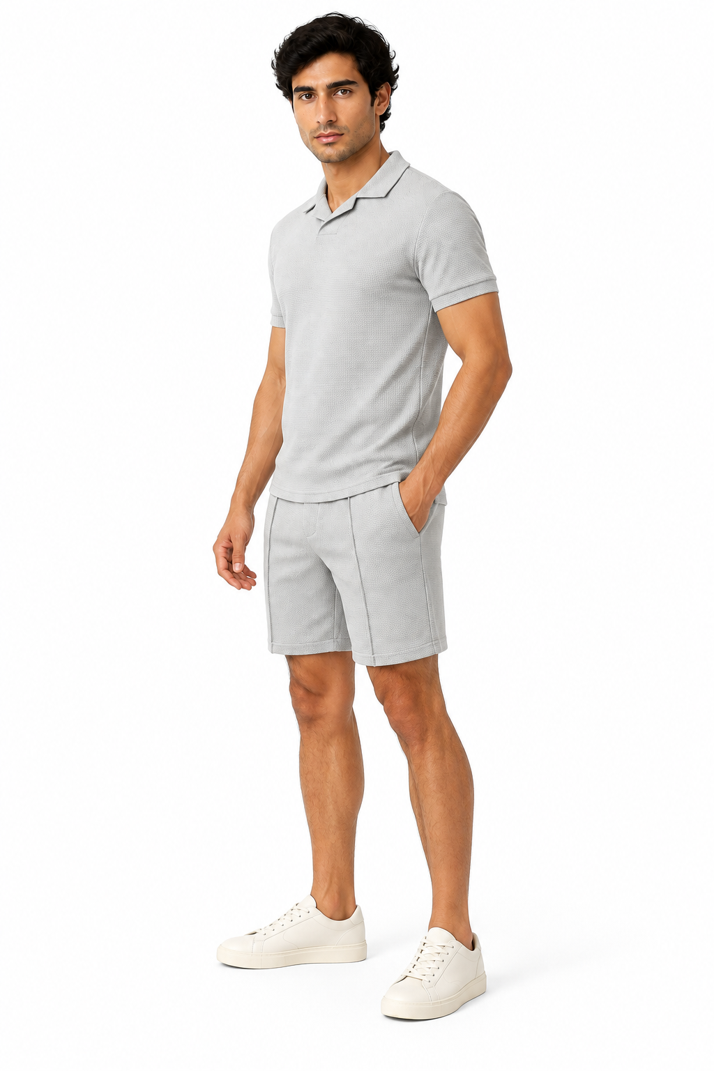 Men's Polo Shorts Set Waffle Knit Coordinated Fit, Light Gray, side view
