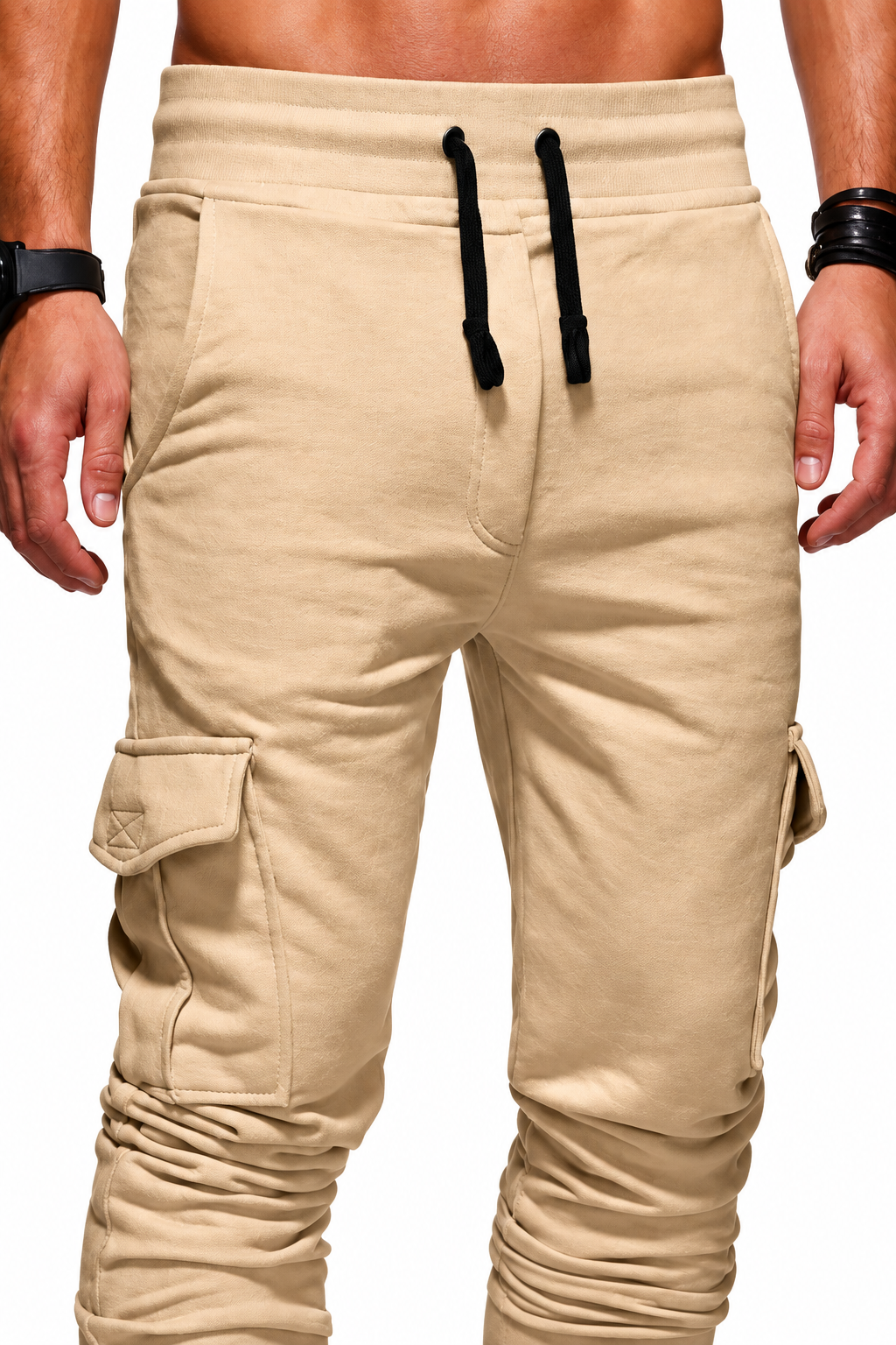 Men's Cargo Joggers Tapered Fit Utility Pockets, Khaki, fabric close-up