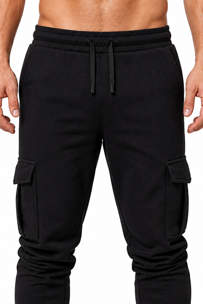 Men's Cargo Joggers Tapered Fit Utility Pockets, Black, fabric close-up