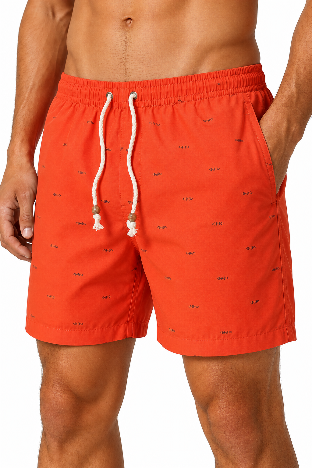 Men's Beach Shorts Printed Design Drawstring Waist, orange, fabric close-up