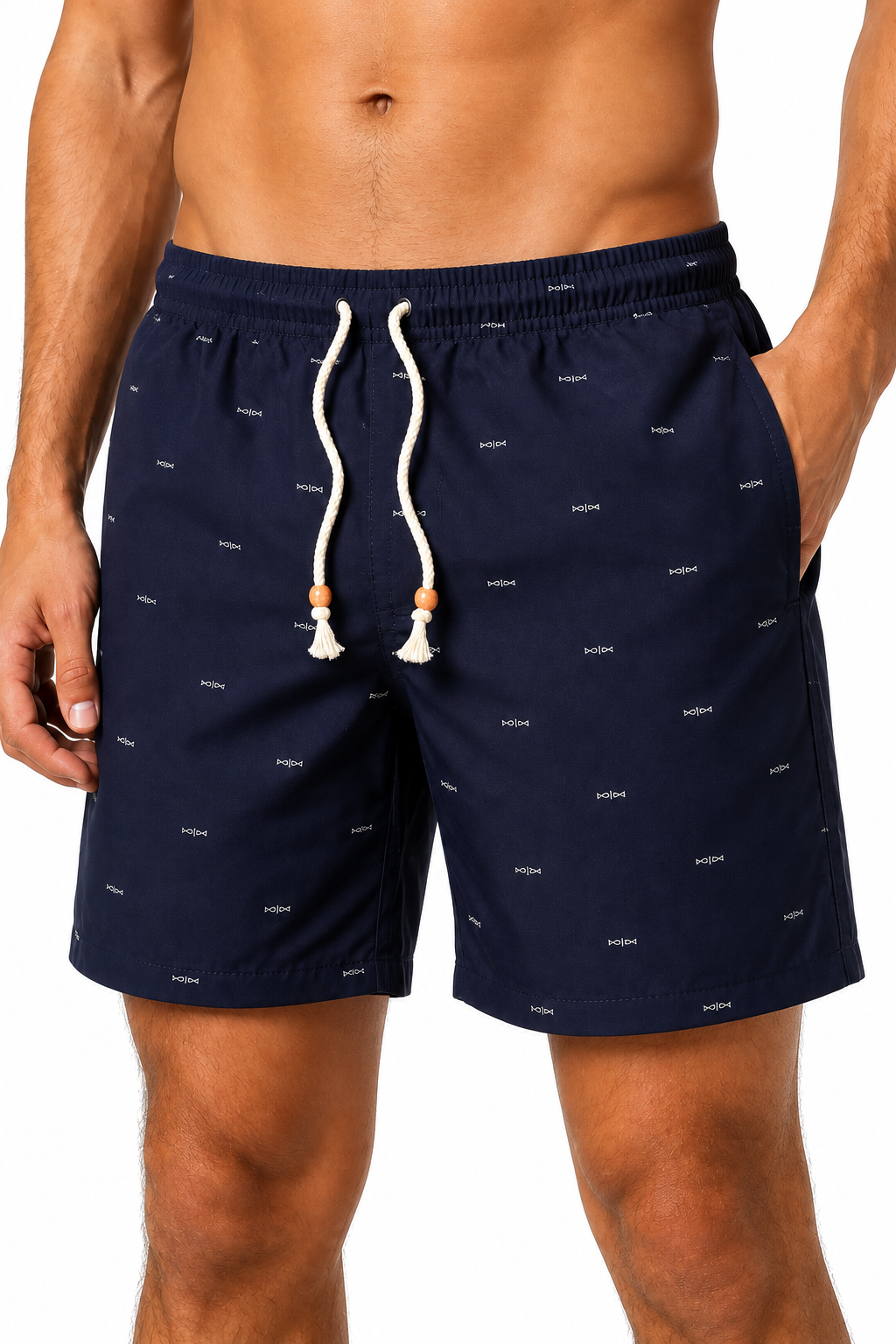 Men's Beach Shorts Printed Design Drawstring Waist, Dark blue, fabric close-up
