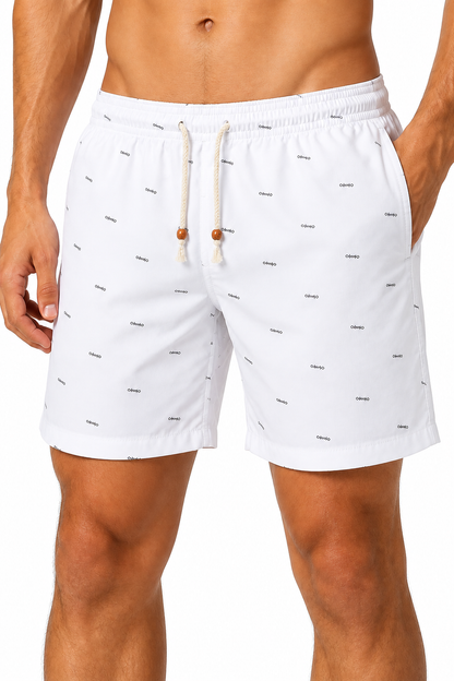 Men's Beach Shorts Printed Design Drawstring Waist, white, fabric close-up